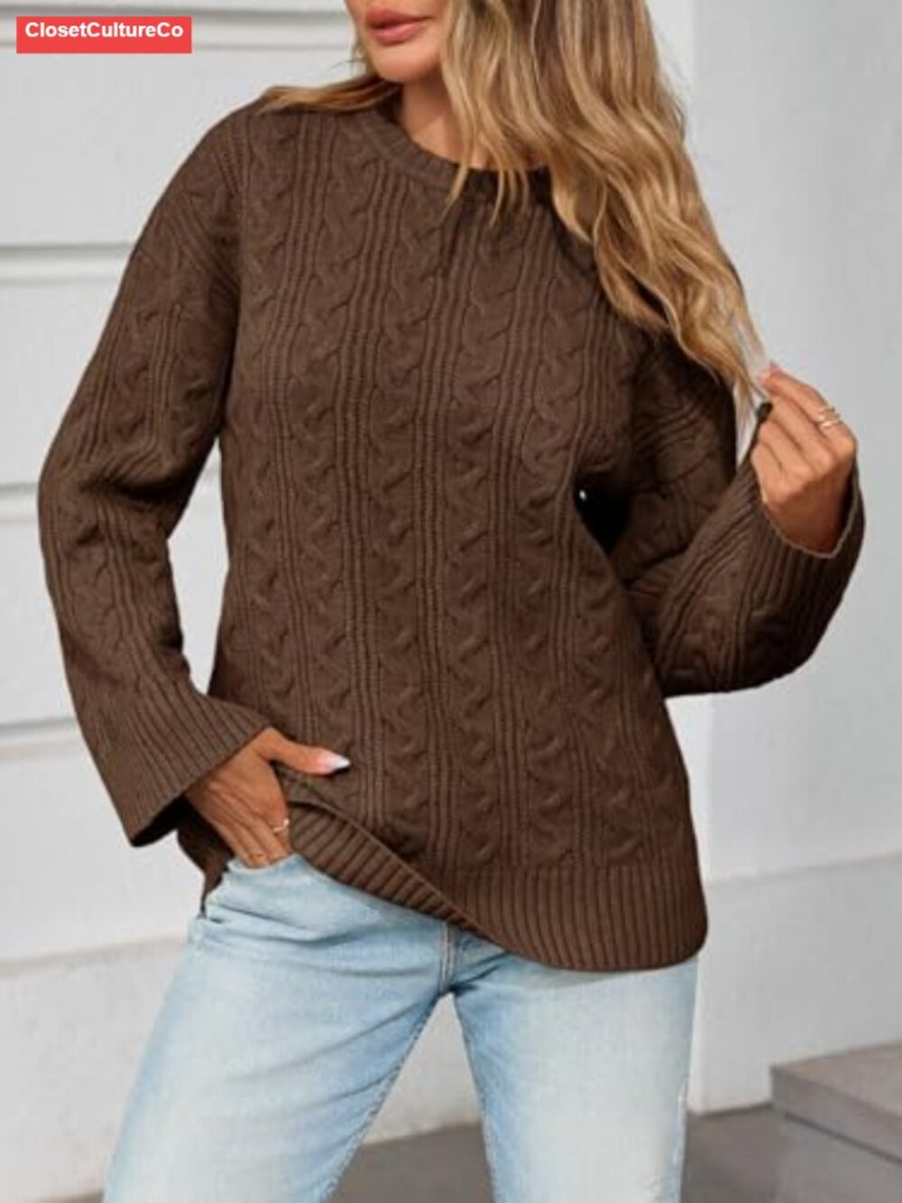 Cable Knit Sweater Oversized Long Sleeve Crew Neck Chunky Pullover - Picture 3 of 5